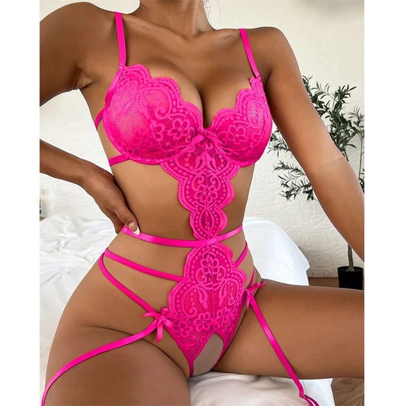 Hot Lace Bodysuit Babydoll Pajamas Set Garter Deep V Open Bra Crotchless Women'S See-Through Corset Sex Lingerie Exotic Apparel