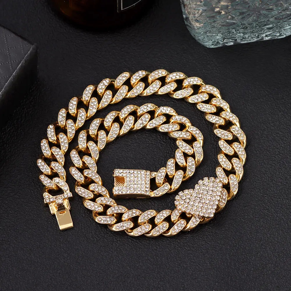 Iced Out Miami Curb Cuban Chain Necklace Fom Women Gold Color Bling Paved Rhinestones Cuban Link Choker Necklace Punk Jewelry