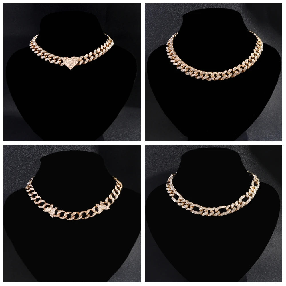 Iced Out Miami Curb Cuban Chain Necklace Fom Women Gold Color Bling Paved Rhinestones Cuban Link Choker Necklace Punk Jewelry